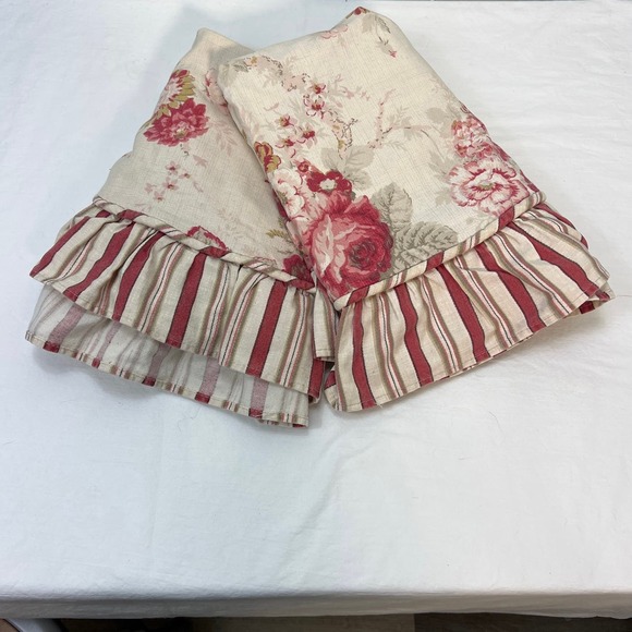 Waverly Garden Room Norfolk Rose Pillow Shams 2 Set Red Floral Stripe Ruffle - Picture 10 of 10